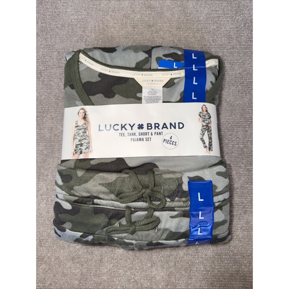 Lucky Brand Womens Pajamas Set 4 Piece Green Camo Night Sleepwear Size L NWT